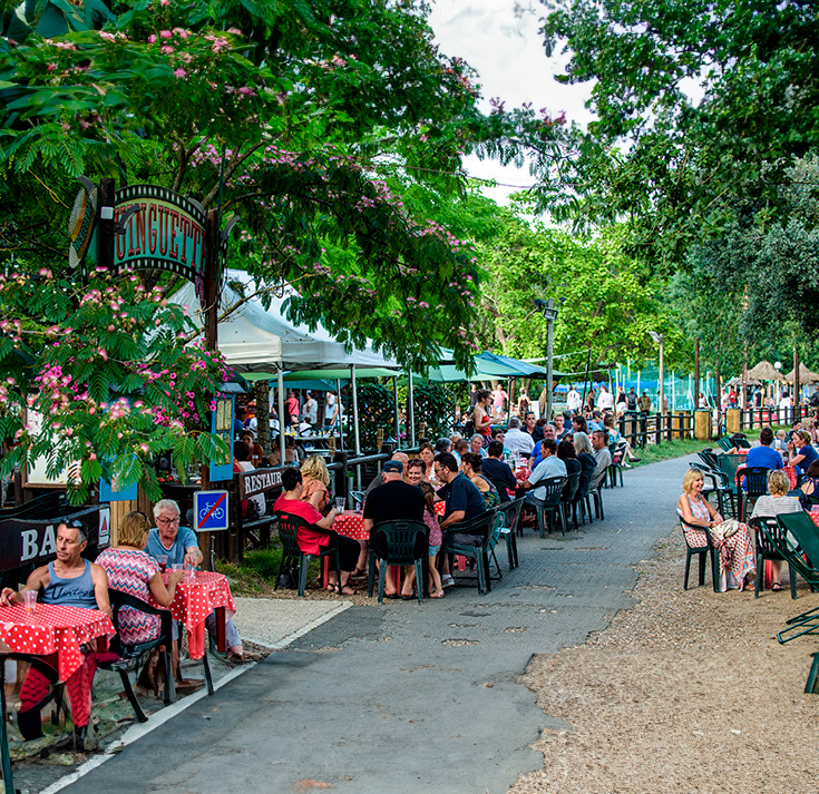 À la guinguette de Rochecorbon au bord de la Loire, gens heureux partagent un verre dans un cadre idyllique. Parfait pour se détendre.